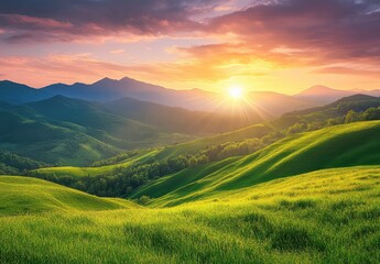 Fototapeta premium Serene Sunset Over Lush Green Hills and Mountains with Vibrant Shimmering Sky in the Background During Beautiful Twilight Hours of Nature