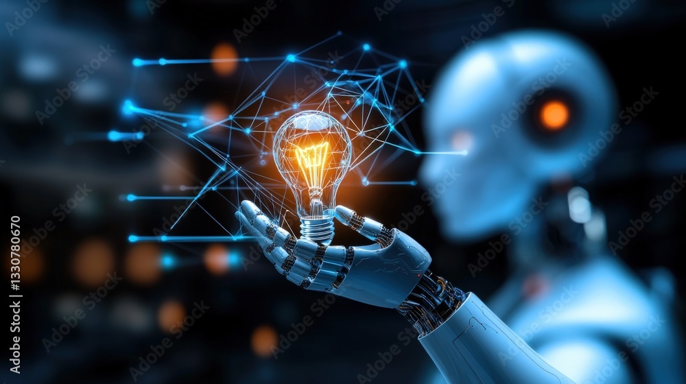 Poster innovative robot demonstrates ai-powered light creation futuristic lab digital art high-tech environ