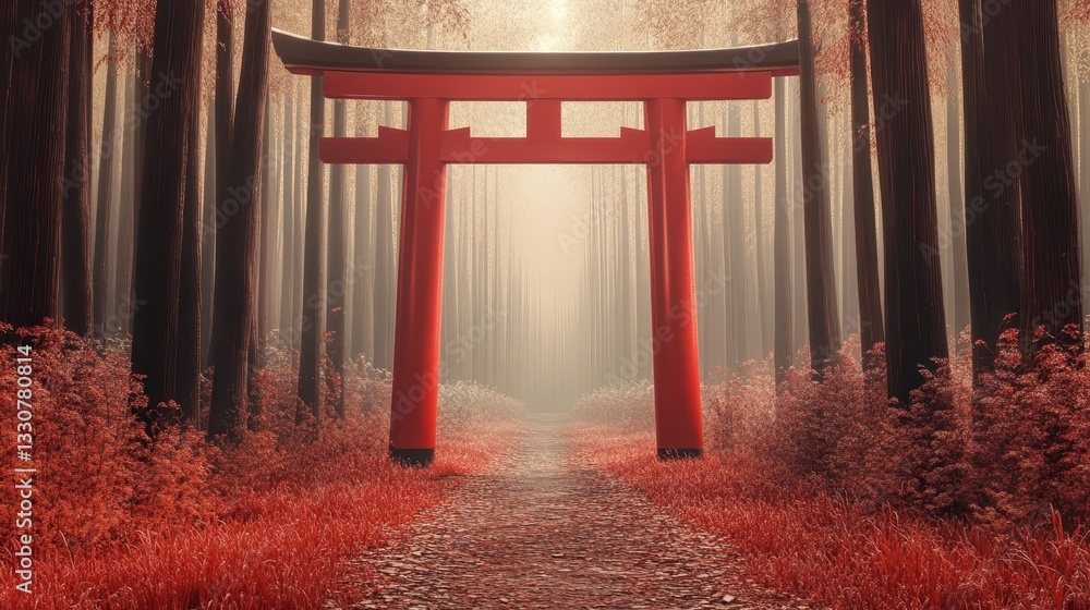Poster a large red gate stands in a foggy forest path