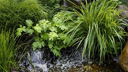 Verdant lush plants surrounding flowing water within a stream
