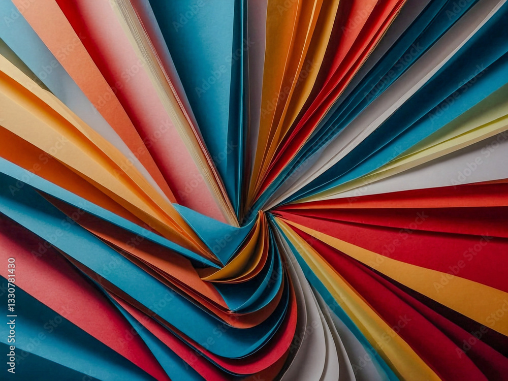 Poster vibrant abstract composition with flowing paper-like shapes in soft lighting.