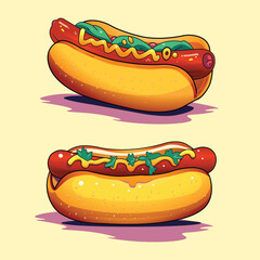 Delicious hotdogs vector featuring a sausage in a soft bun, topped with ketchup and mustard. Perfect for fast food, American meals, snacks, and junk food illustrations.