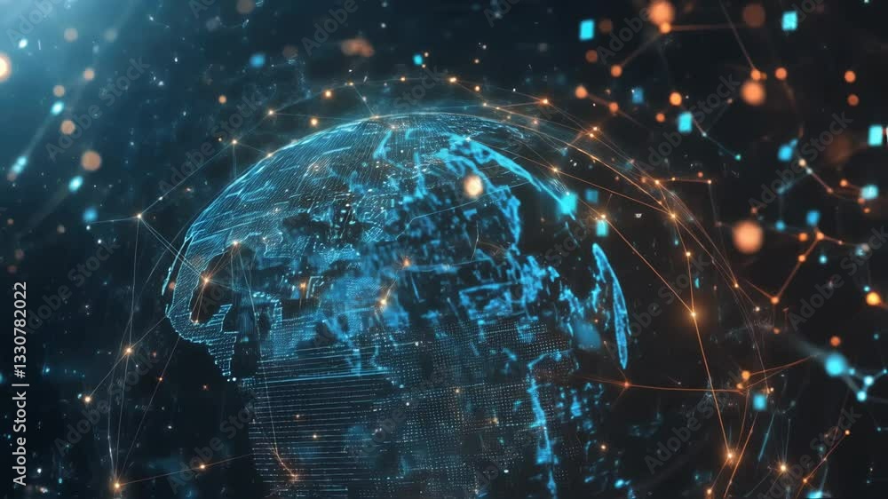 Poster digital world connections are visualized by lines and luminous dots moving around a rotating globe, 
