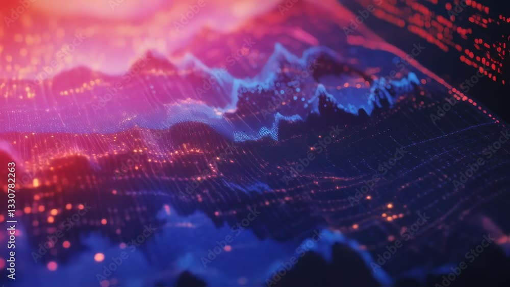 Poster glowing lines and particles form a dynamic mountain range, representing data fluctuations in a capti