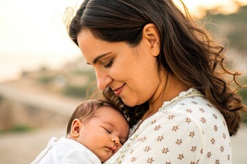 Fototapeta premium Tender moments: mother cradling sleeping baby outdoors at sunset
