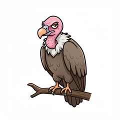 Obraz premium Cartoon vulture on branch with pink head and feathers looking annoyed against white background