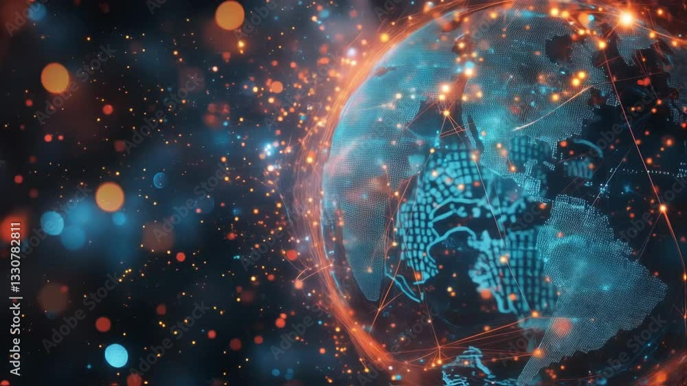 Aufkleber planet earth rotates slowly in space, covered by a network of glowing interconnected nodes, symboliz
