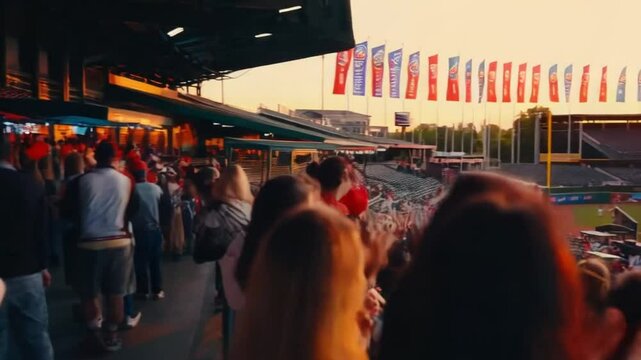 Warm sunset light bathes a full baseball stadium during a game. Crowds of spectators fill the stands, their faces mostly obscured.  Colorful pennants wave in the breeze above the stadium. The field