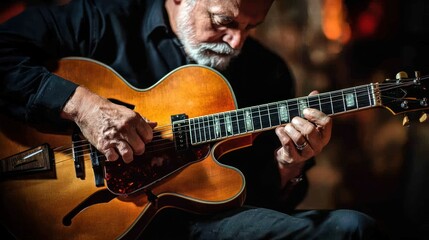 Obraz premium An elderly man playing a hollow body electric guitar intently