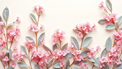 Fototapeta premium Light Pink Flowers Gray Leaves Cream Background Flat Pattern Vibrant AI Photo