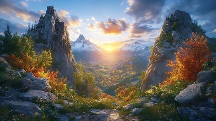 Autumnal Valley Under Sunset With Rocky Mountains