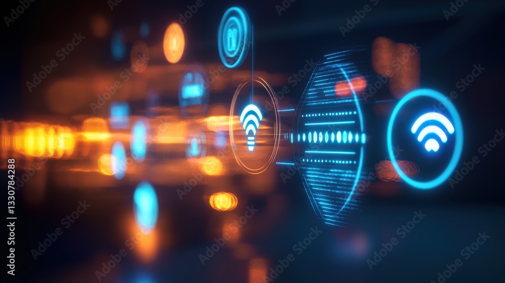 Poster exploring wireless connectivity innovations technology hub digital art futuristic environment close-