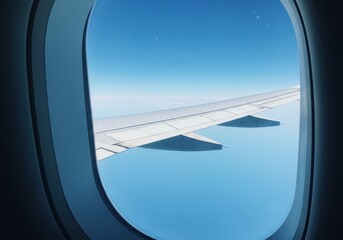 Serene aerial vista through airplane window with clear blue sky and clouds