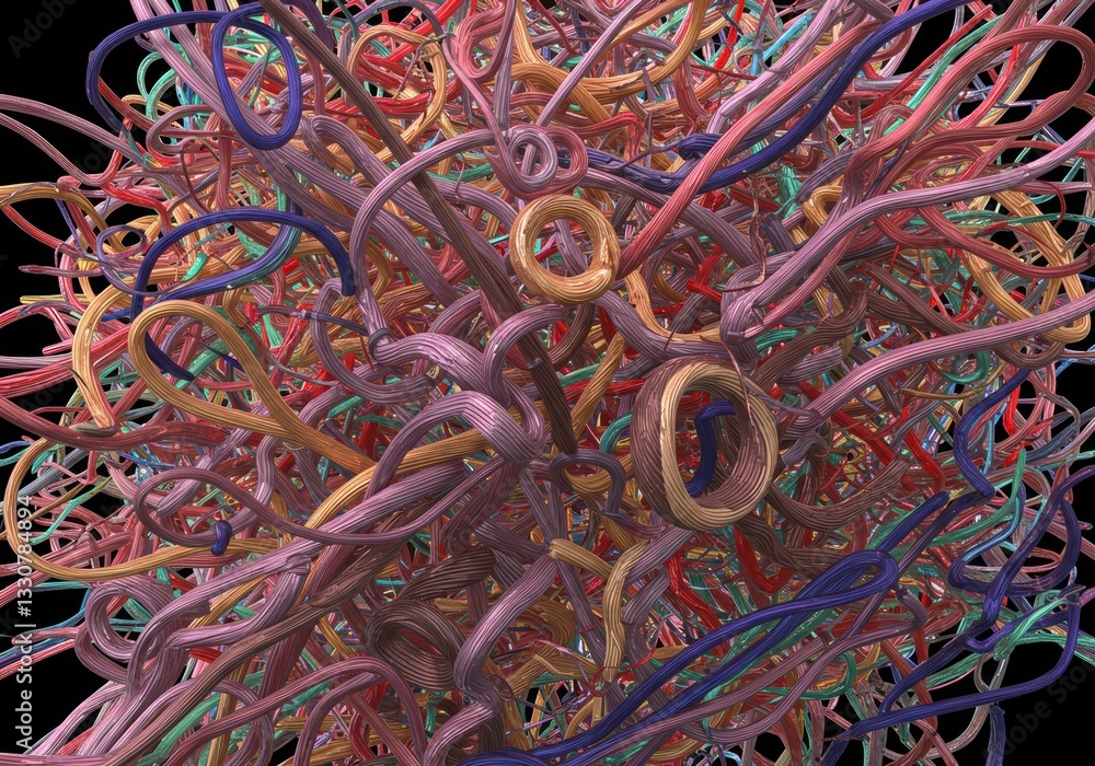 Poster colorful abstract tangle of curved fibers in a complex interwoven pattern