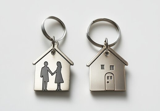 Silver house-shaped keychains with couple illustration, symbolic of home, love, togetherness, and family, ideal for real estate and wedding themes