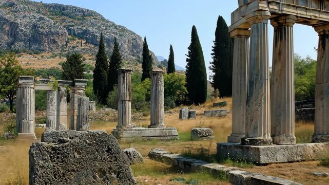 Exploring ancient ruins in Delphi, Greece surrounded by tall cypress trees and rocky mountains on a sunny day