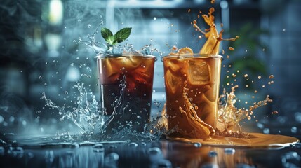 Refreshing Beverage Splash with Ice Garnish and Mint Leaf