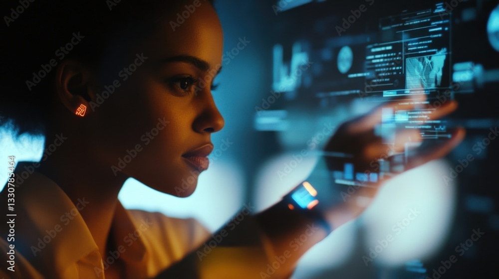 Poster a closeup of a businesswoman interacting with a holographic interface projected from a wearable devi