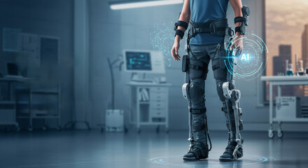 Futuristic exoskeleton for medical rehabilitation. Man wearing robotic leg brace in hospital. Advanced technology for mobility assistance and physical therapy.
