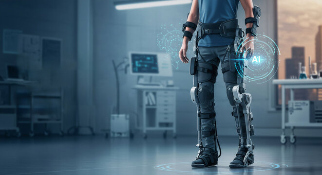 Futuristic exoskeleton for medical rehabilitation. Man wearing robotic leg brace in hospital. Advanced technology for mobility assistance and physical therapy.