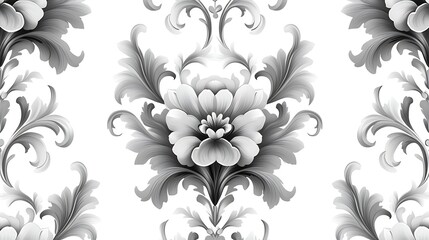 Elegant Grayscale Floral Pattern, Elegant floral pattern with large, symmetrical flowers in grayscale tones