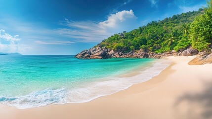 Fototapeta premium Breathtaking Dreamlike Seaside Paradise with Pristine Sandy Beaches, Turquoise Waters, and Lush Coastal Scenery under a Radiant Sky