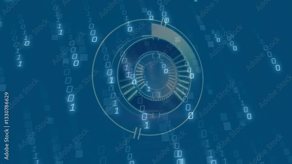 Poster animation of digital binary code with circular interface on blue background