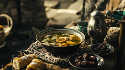 A table is set with food and a silver beverage pot