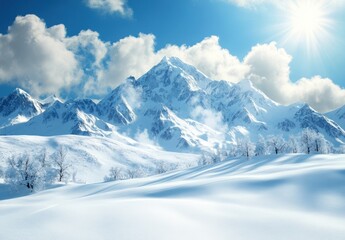 Naklejka premium Snowy Mountain Landscape with Bright Blue Sky and Fluffy Clouds, Capturing the Beauty of Winter Wilderness in a Serene and Peaceful Environment