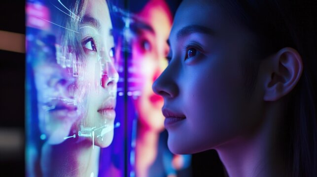 A closeup of a networking station where individuals use gesturebased controls to navigate a holographic interface displaying potential business connections. Their faces are illuminated