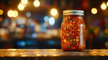 A glass jar containing delicious salsa sits on a surface