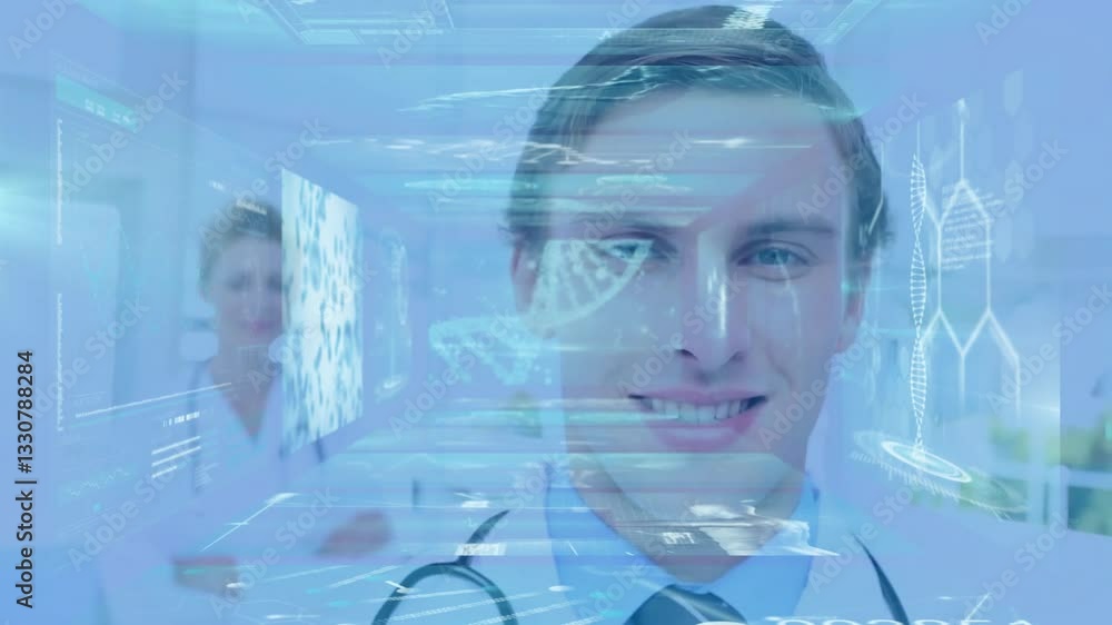 Poster smiling medical professionals with dna and data processing animation overlay
