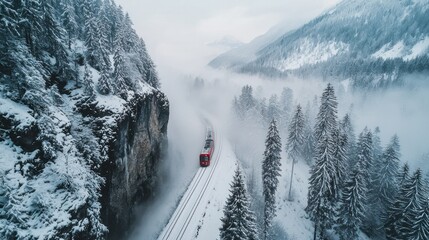 Red train in snowy mountain valley.