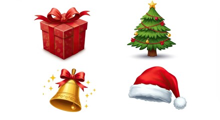 Festive christmas icons: gift box, tree, bell, and santa hat on white background