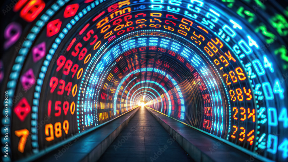 Poster stock pick finance concept. vibrant digital tunnel with colorful numeric patterns and light.