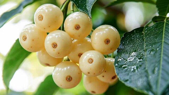 Fresh white sapote fruit clusters hanging on tree branches in a sunny garden setting