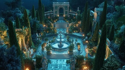 Night view of a grand, illuminated Italianate garden with a central fountain, classical architecture, and lush greenery.