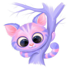 Fototapeta premium National Love a Tree Day Cat Climbing a Christmas Tree concept. A cute, illustrated cat with large eyes peeking from a purple tree branch.
