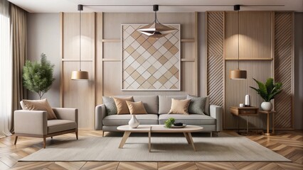 Minimalist living room with neutral tones and geometric patterns , clean lines