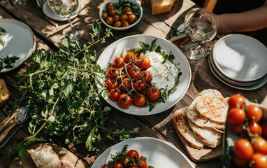 Outdoor Dining Table with Fresh Tomatoes Arugula Burrata and Bread