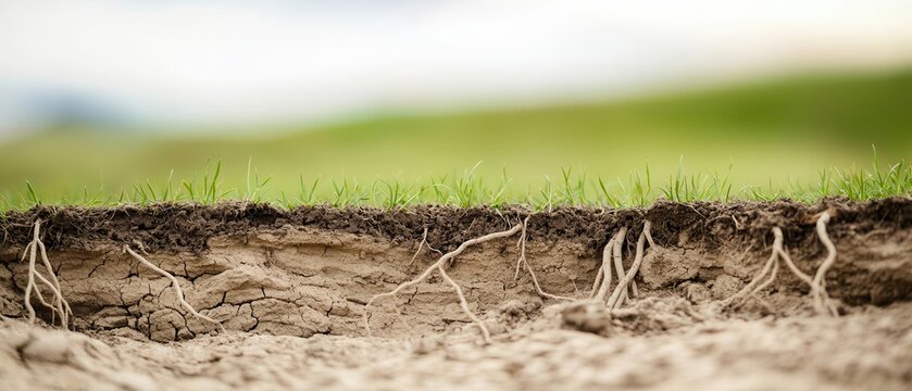 Soil science concept. Close-up view of nutrient deficient and dry soil layers from with grass roots under climate impact.