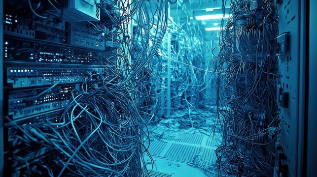 Tangled wires and cables in a server room.