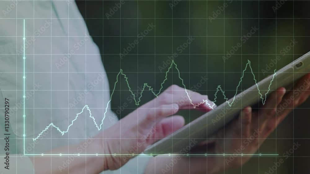 Poster using tablet, hands interacting with financial graph animation on screen