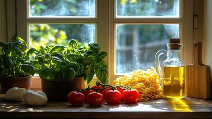 Fresh culinary ingredients are arranged near a window providing sunlight