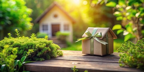 Naklejka premium Tiny house nestled among lush greenery, with a beautifully wrapped gift box sitting on its front porch, present, serene