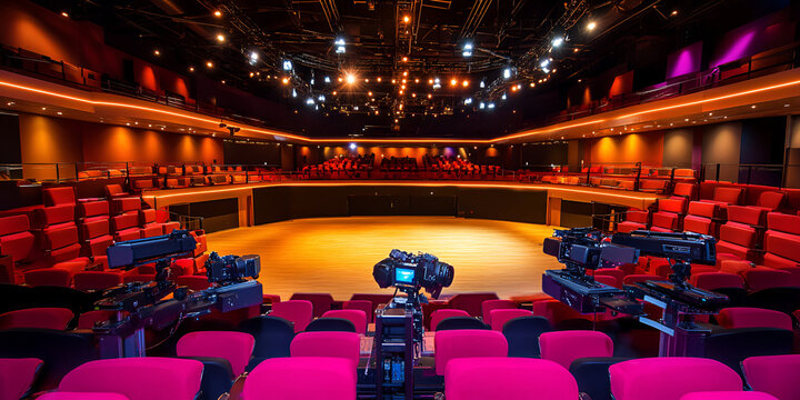 Multi-Cam Ready Studio with Tiered Seating and Professional Lighting