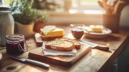 A rustic breakfast scene with bread butter and preserves set