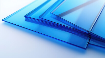 Set of Blue Glass Sheets and Panels Arranged in an Angular Pattern on the Right Side, Featuring Transparent Texture with Blue Gradient Color Against a White Background