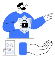 Man holding shield with lock promoting security, pointing forward. Phone showing Bitcoin chart, open hand symbol for support. Ideal for fintech, security, blockchain, finance, advocacy safety