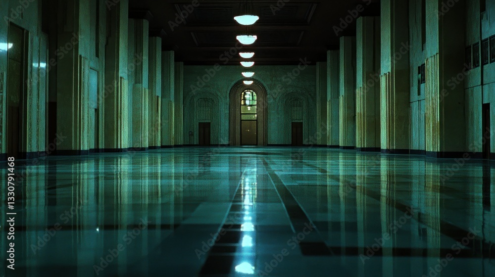 Poster an expansive hall features columns and a polished reflective floor